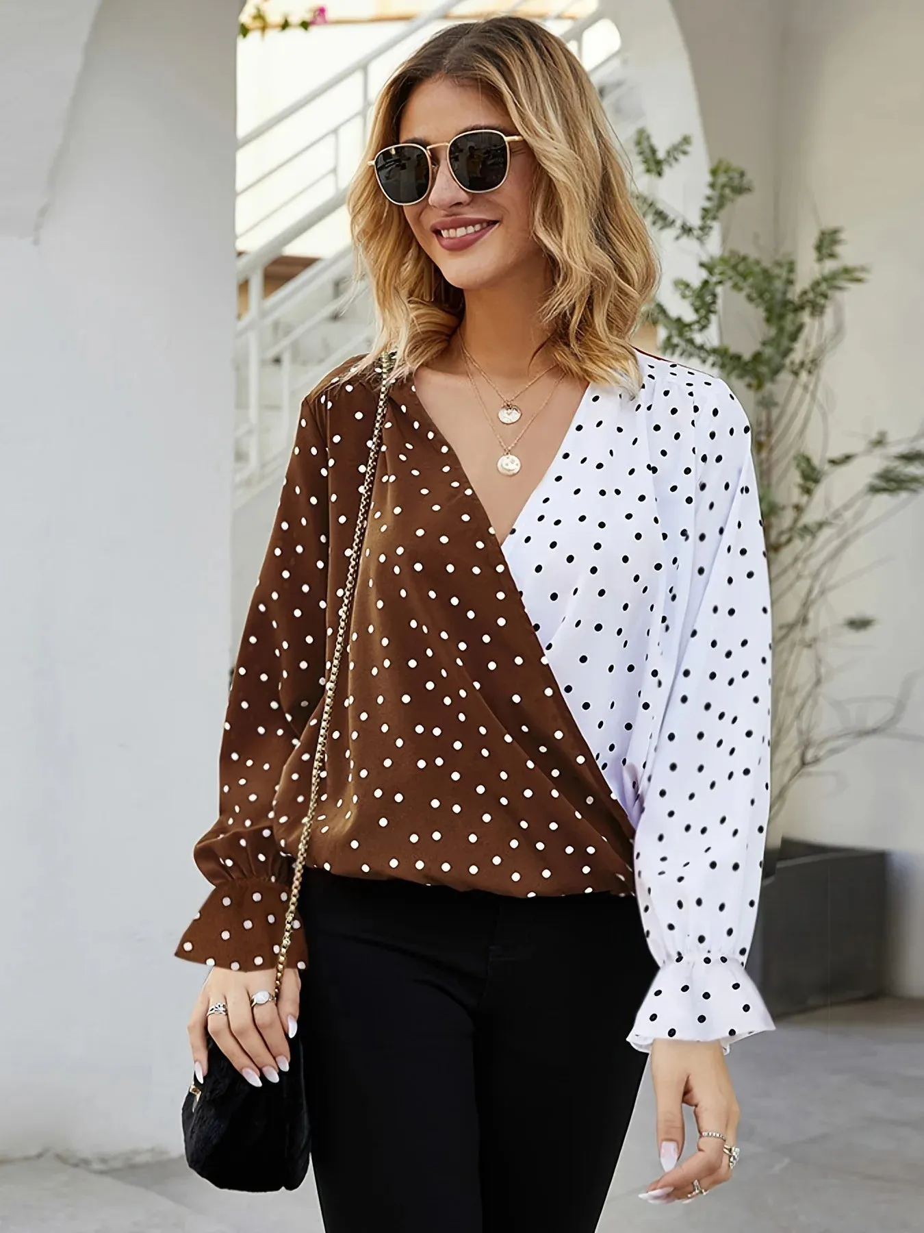 2024 V-Neck Polka Dot Blouse: Casual Office Wear for Women