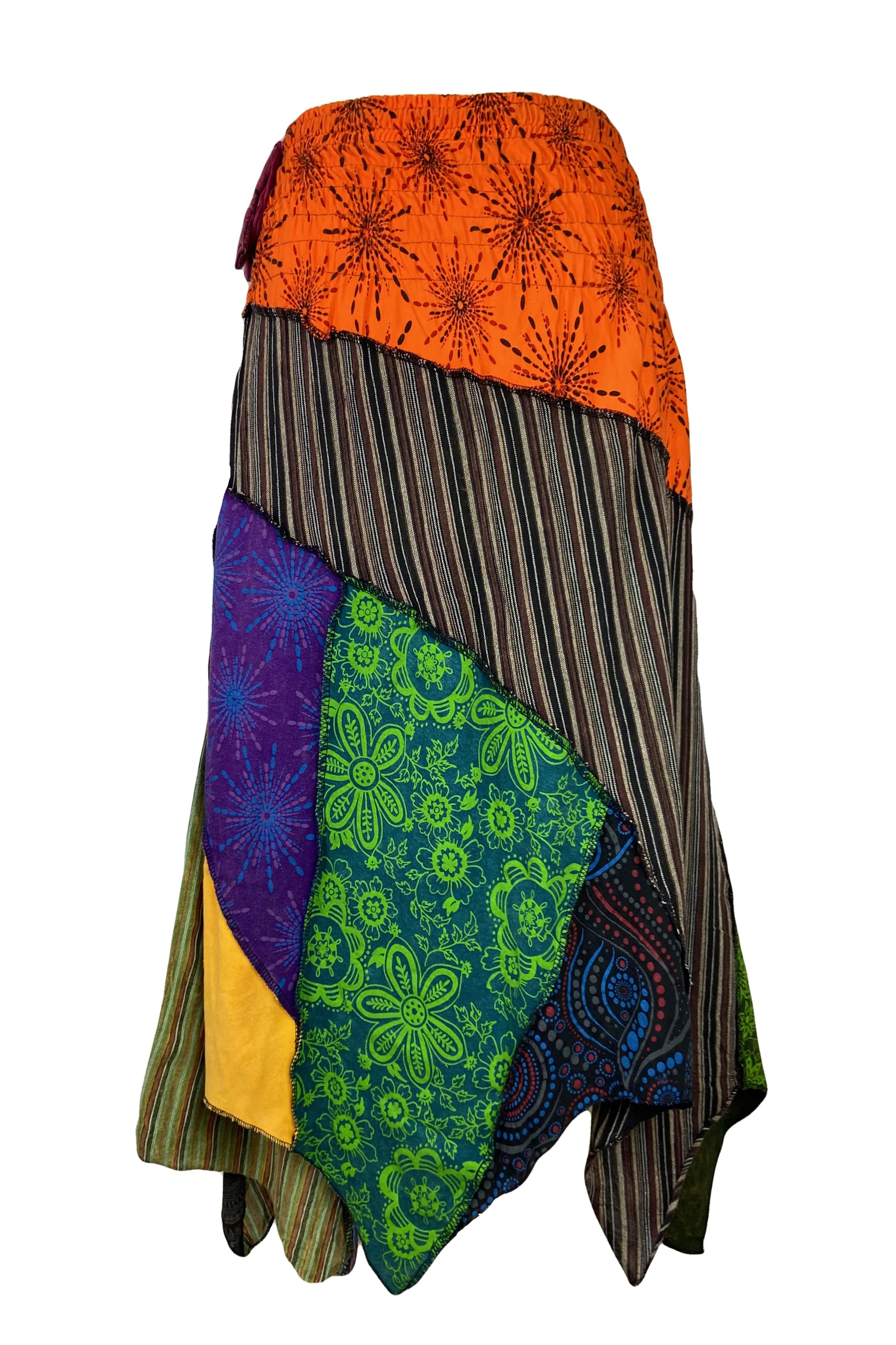 408 Skt Gypsy Tribal Boho Knit Cotton Asymmetrical Patch Skirt