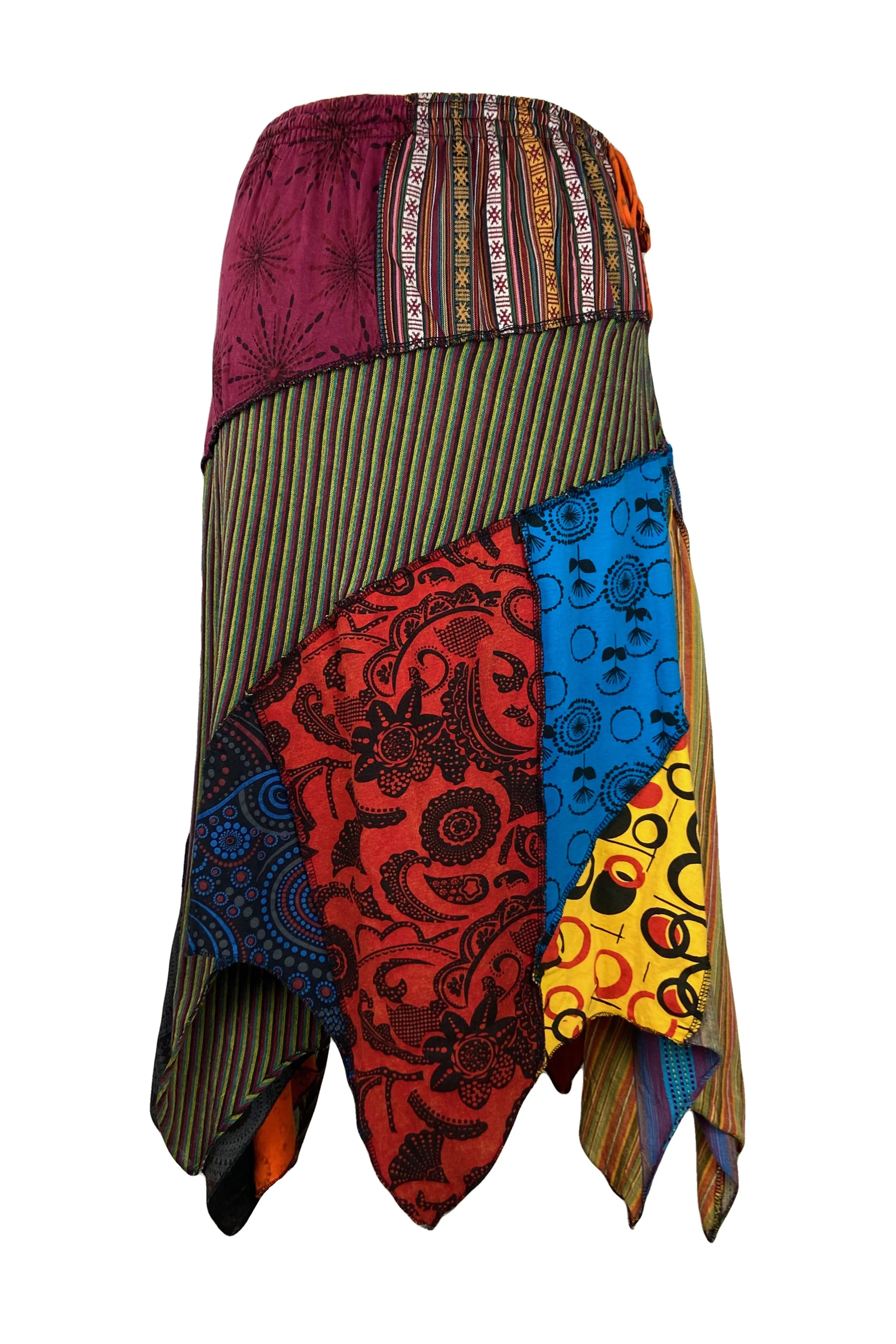 408 Skt Gypsy Tribal Boho Knit Cotton Asymmetrical Patch Skirt