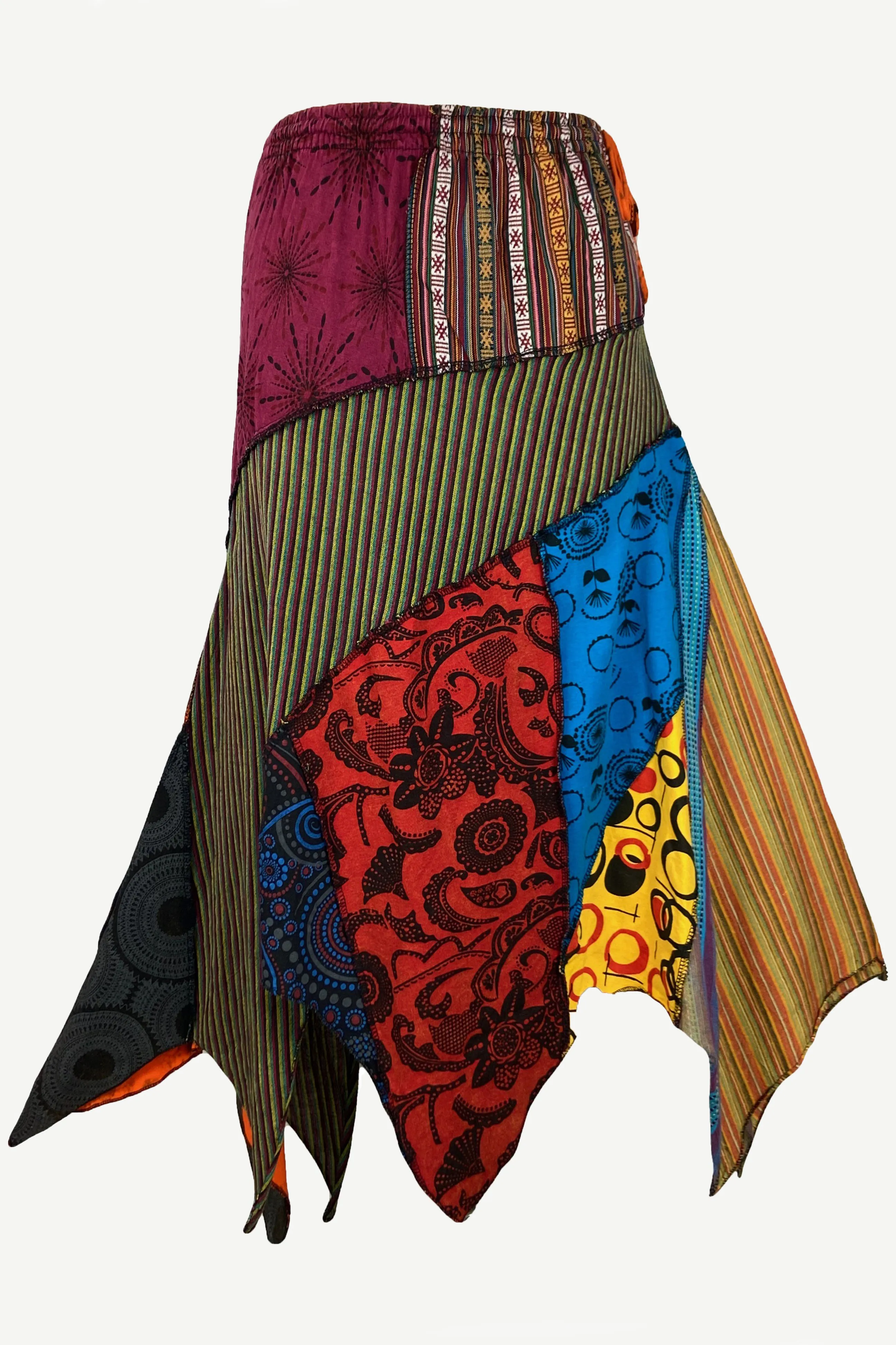 408 Skt Gypsy Tribal Boho Knit Cotton Asymmetrical Patch Skirt