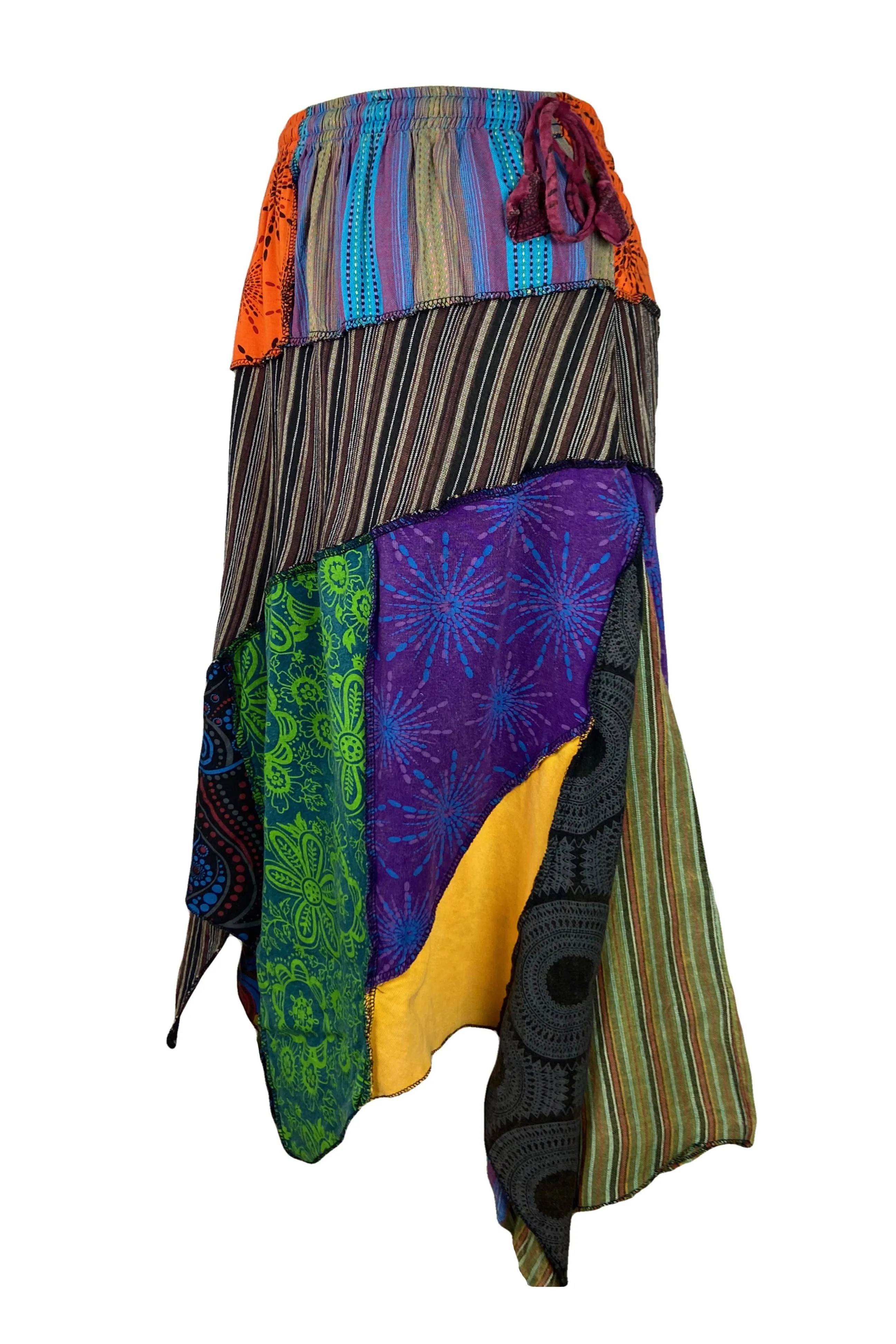 408 Skt Gypsy Tribal Boho Knit Cotton Asymmetrical Patch Skirt