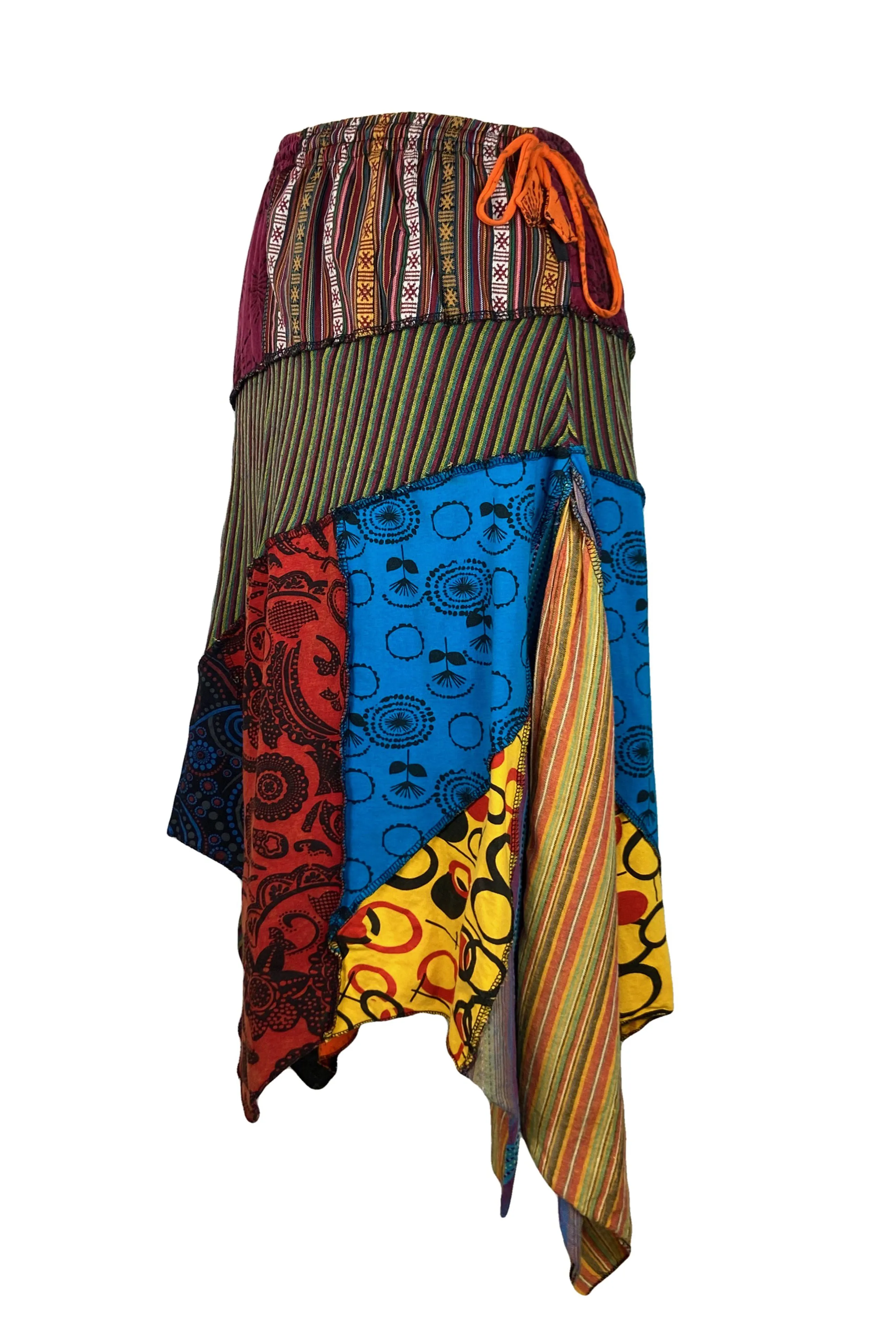 408 Skt Gypsy Tribal Boho Knit Cotton Asymmetrical Patch Skirt