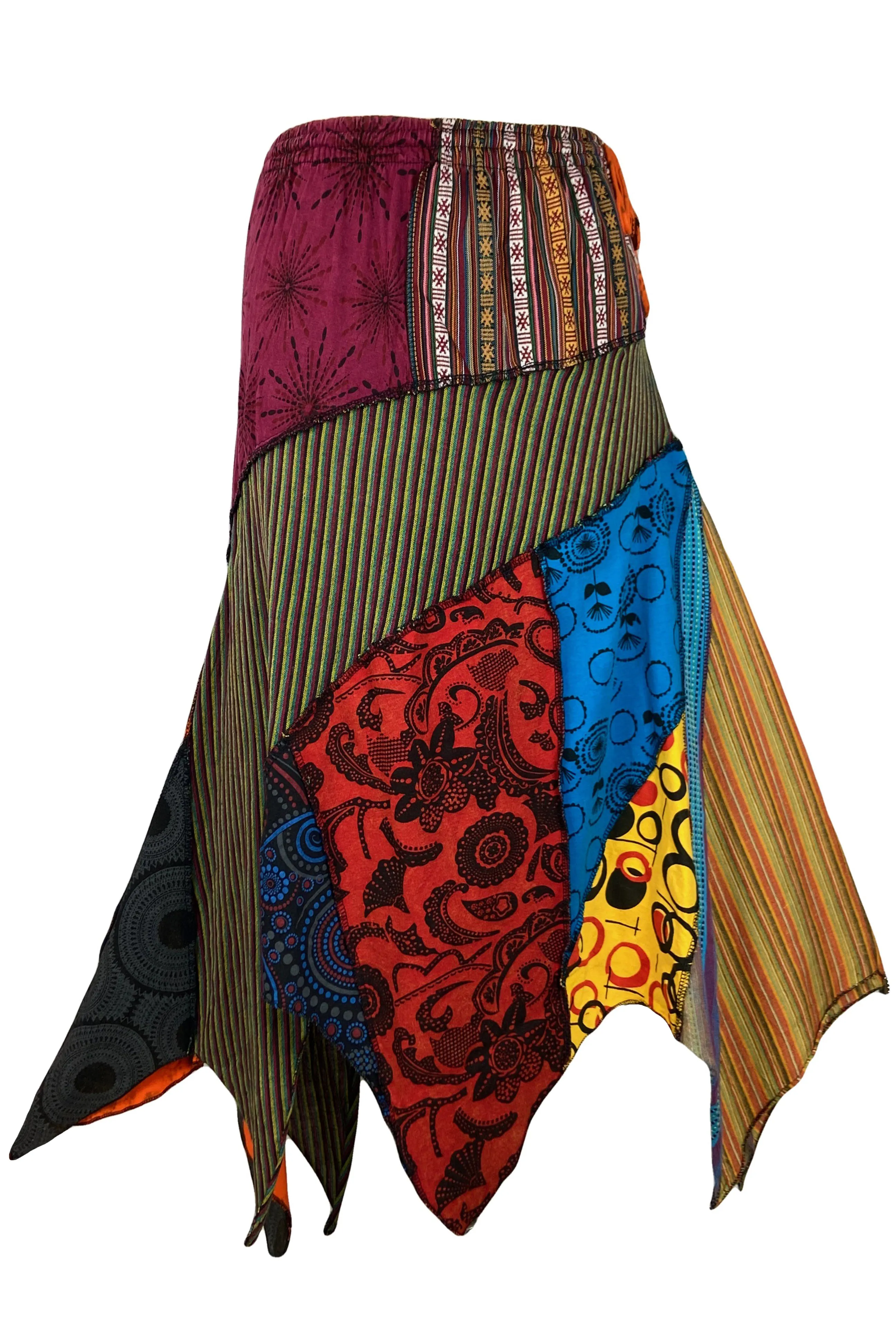408 Skt Gypsy Tribal Boho Knit Cotton Asymmetrical Patch Skirt