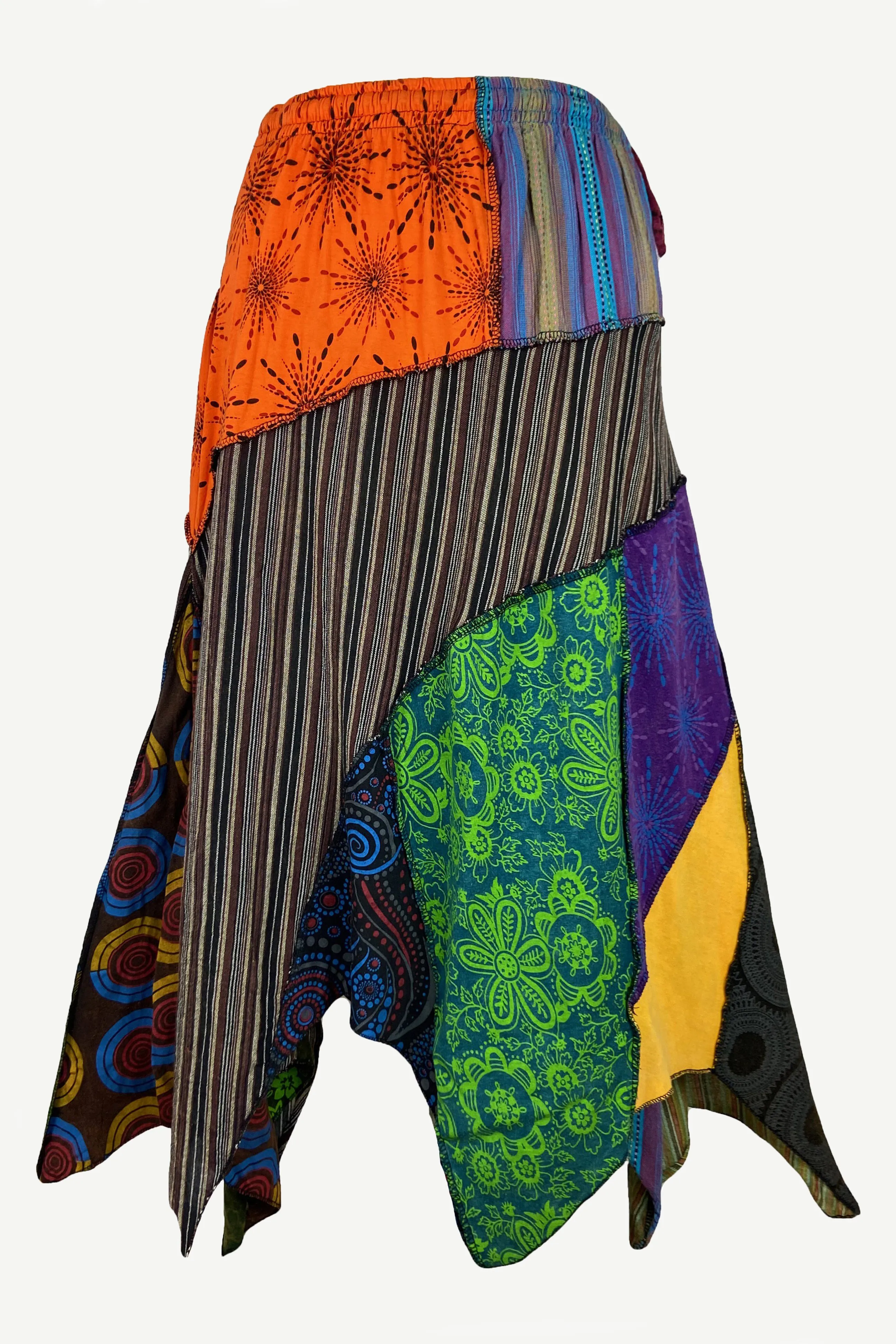 408 Skt Gypsy Tribal Boho Knit Cotton Asymmetrical Patch Skirt