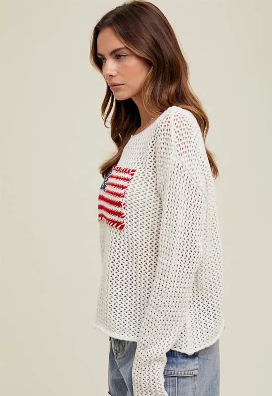 American Flag Flag Open Knit Sweater - Off White