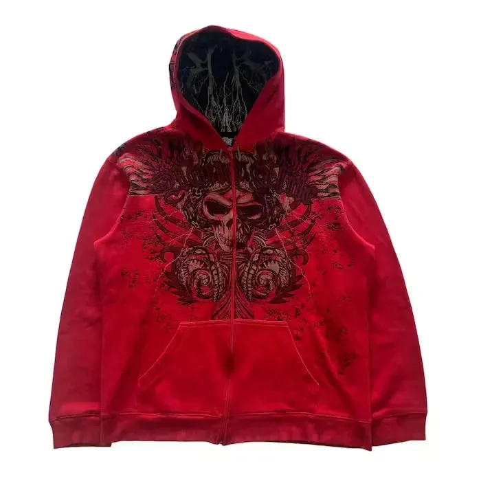 Back To School Joskaa Woman Hooded Zip Up Hoodies Gothic Grunge Pockets Red Y2k Streetwear Egirl Cardigans Tops Winter Clothes Women Harajuku Korean
