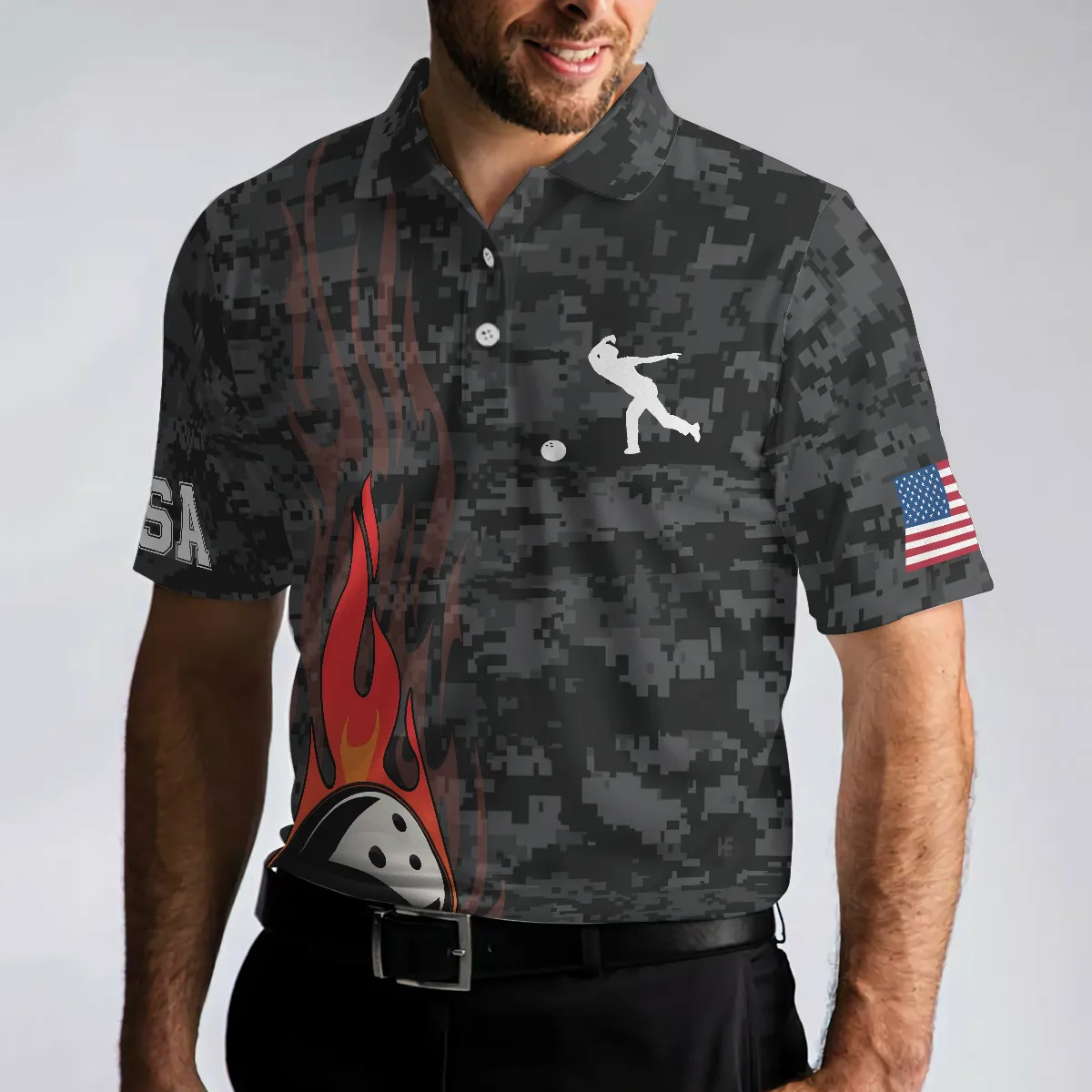 Bowling Men Polo Shirt - America Eagle Bowling, Camouflage USA Flag Men Polo Shirt - Perfect Gift For Friend, Family, Bowling Lovers