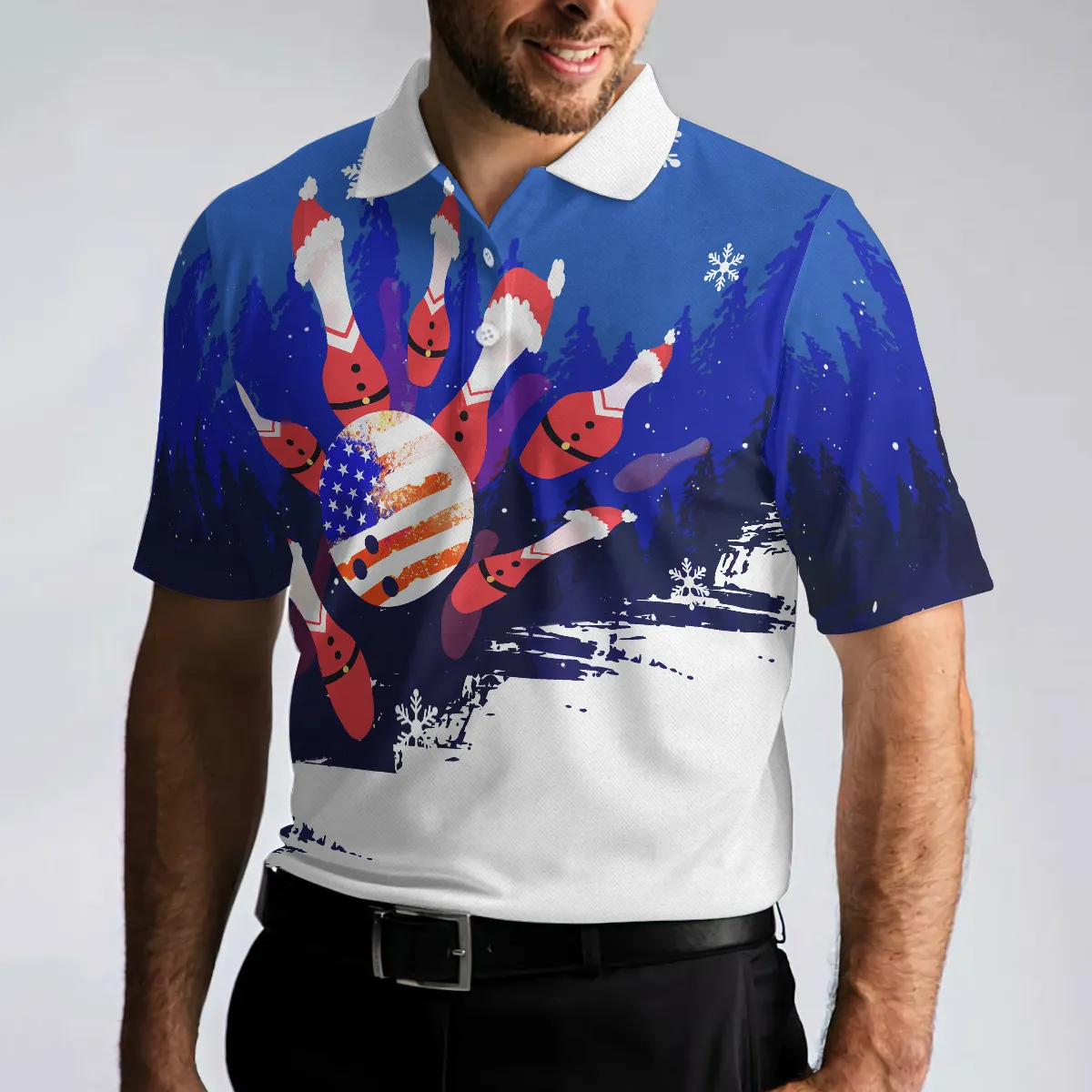 Bowling Men Polo Shirt - Christmas Bowling with Santa Pins Men Polo Shirts, American Flag Polo Shirt For Men - Perfect Gift For Friend, Family, Bowling Lovers