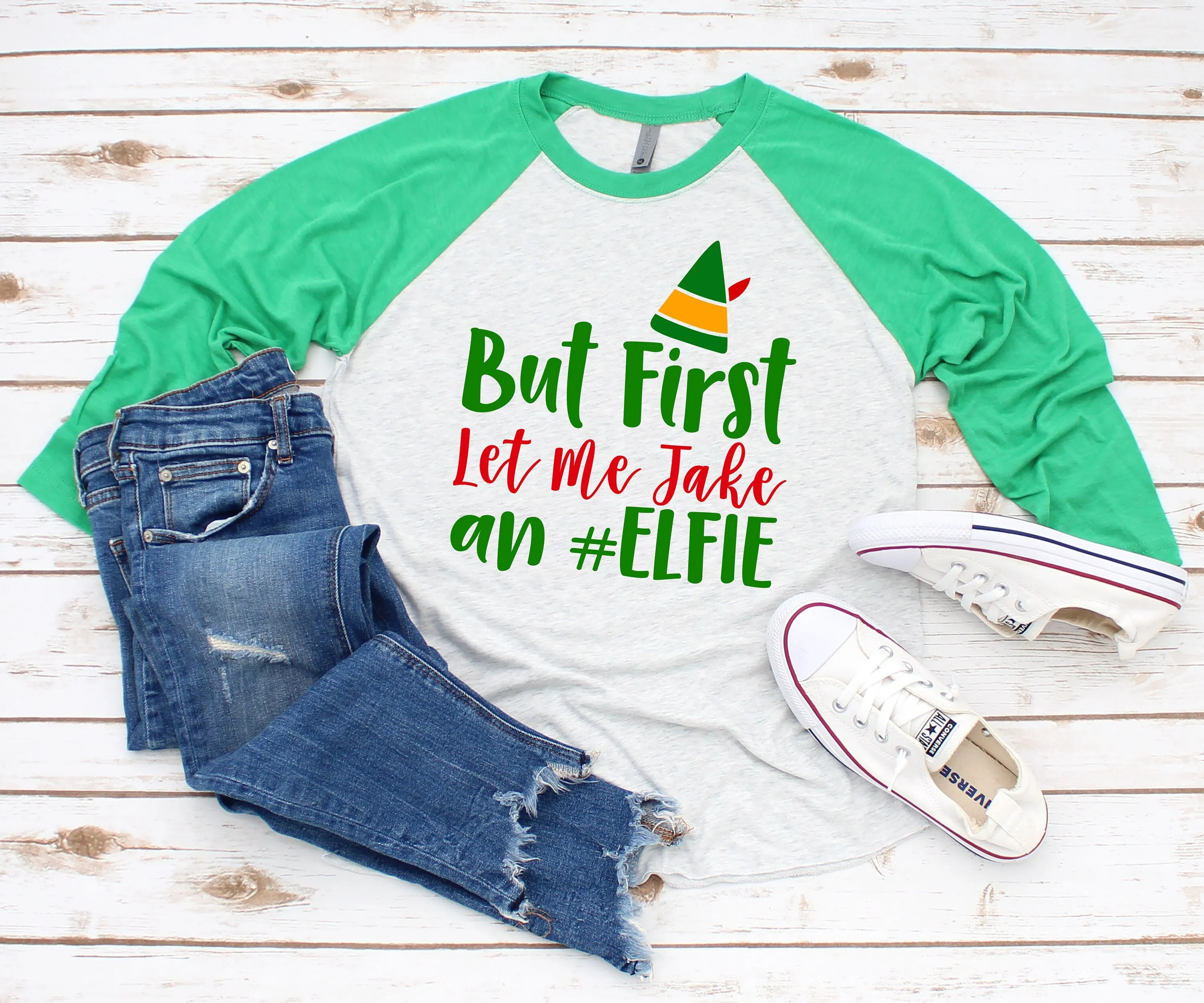 But First Let me Take an #Elfie Funny Christmas Shirt | X-Mas Raglan T Shirt | 3/4 Sleeve Holiday Elf Shirt