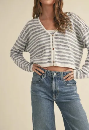 Crochet Knit Cardigen Sweater - Blue White