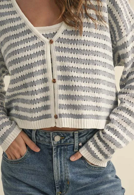Crochet Knit Cardigen Sweater - Blue White
