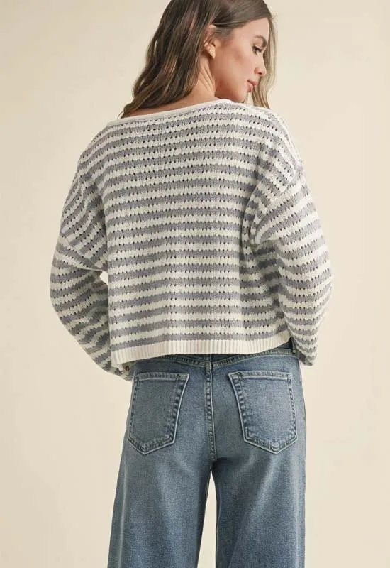 Crochet Knit Cardigen Sweater - Blue White