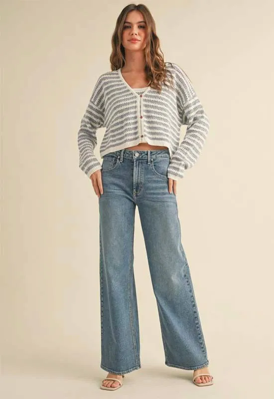 Crochet Knit Cardigen Sweater - Blue White