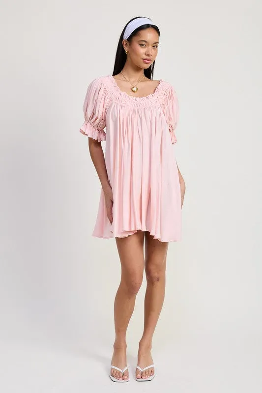 Embroidery Short Puff Sleeve Mini Dress