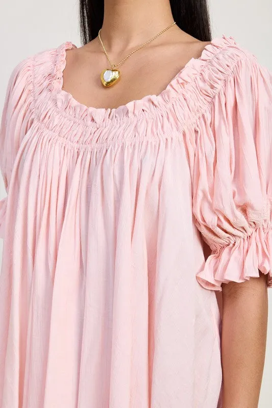 Embroidery Short Puff Sleeve Mini Dress