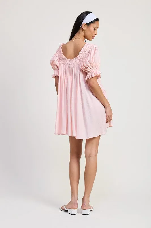 Embroidery Short Puff Sleeve Mini Dress