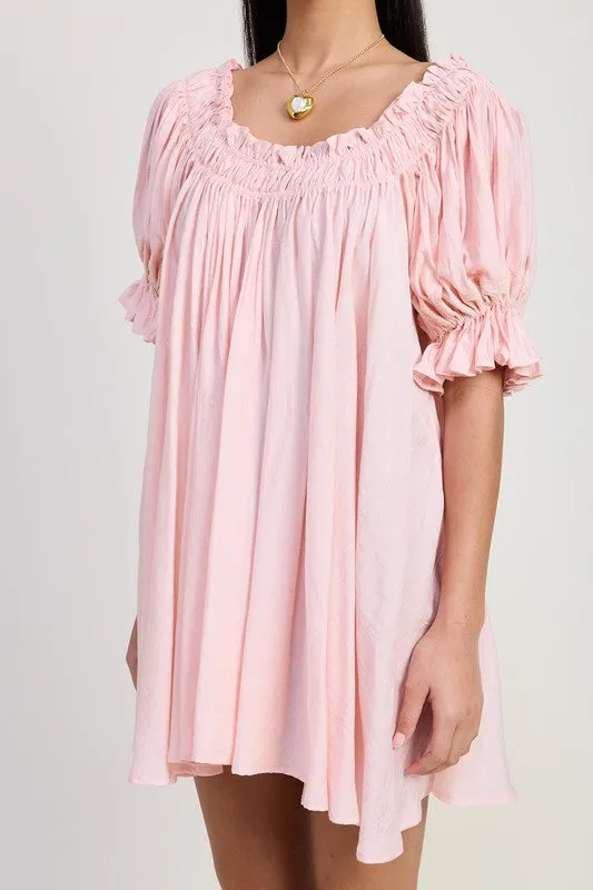 Embroidery Short Puff Sleeve Mini Dress