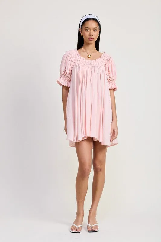Embroidery Short Puff Sleeve Mini Dress