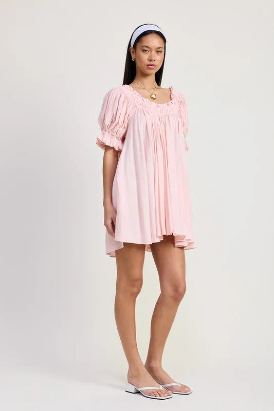 Embroidery Short Puff Sleeve Mini Dress