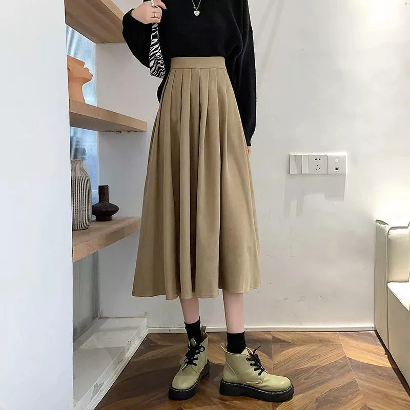 High Waist Pleated Korean Fashion College Style Long Skirt