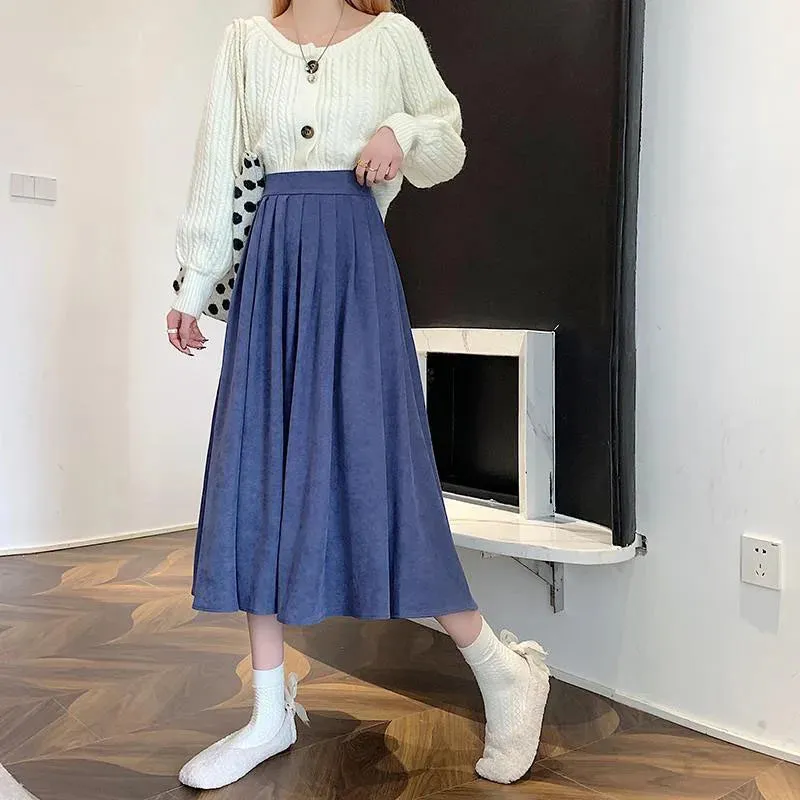 High Waist Pleated Korean Fashion College Style Long Skirt