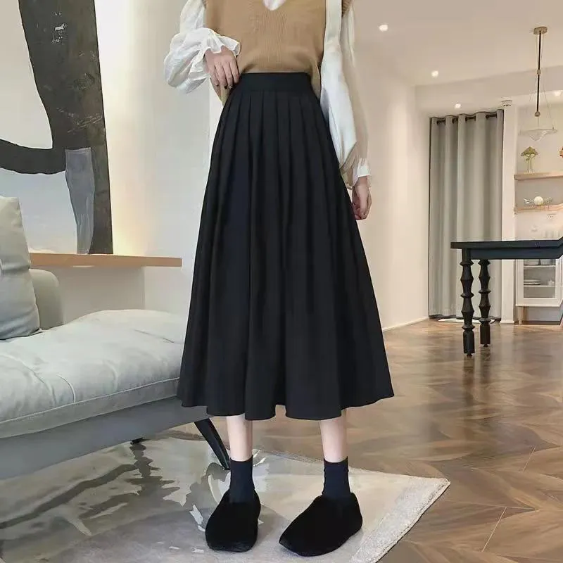 High Waist Pleated Korean Fashion College Style Long Skirt