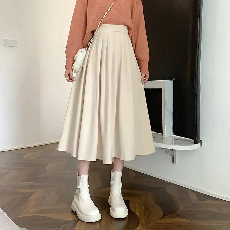 High Waist Pleated Korean Fashion College Style Long Skirt