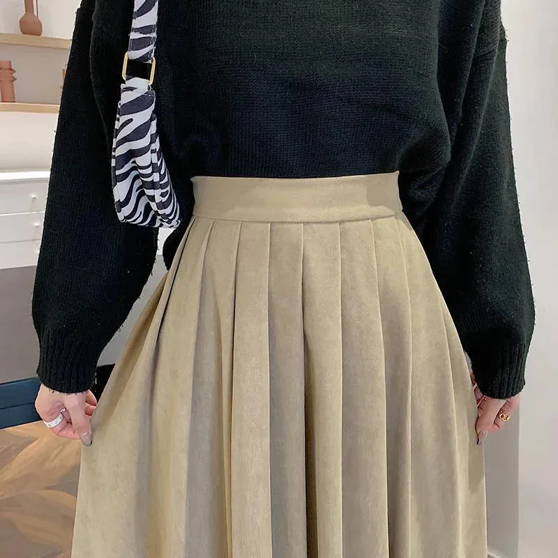 High Waist Pleated Korean Fashion College Style Long Skirt