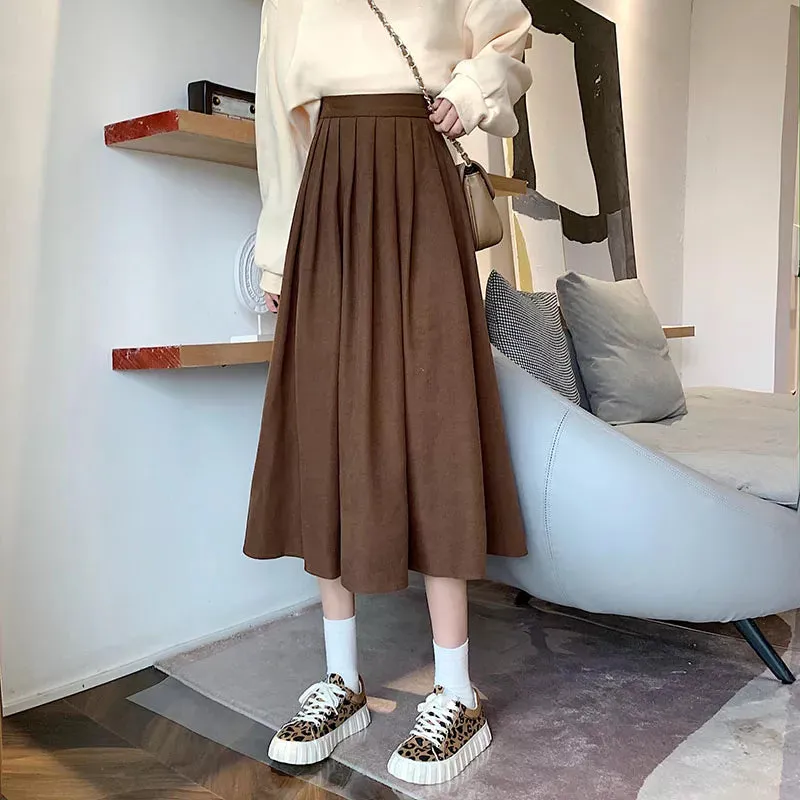 High Waist Pleated Korean Fashion College Style Long Skirt