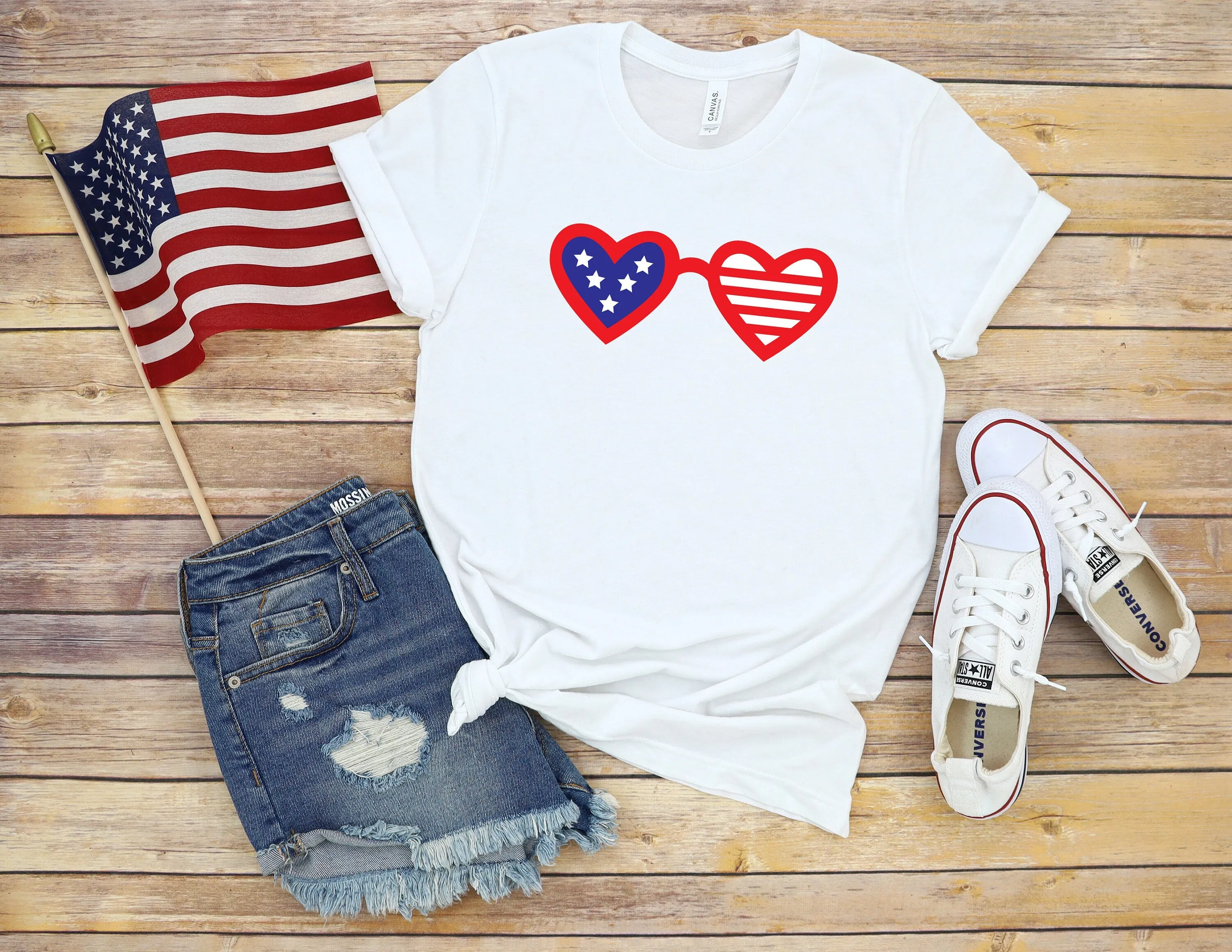 Ladies Fourth of July Adult T Shirt - Independence Day - Memorial - Red White and Blue Sunglasses