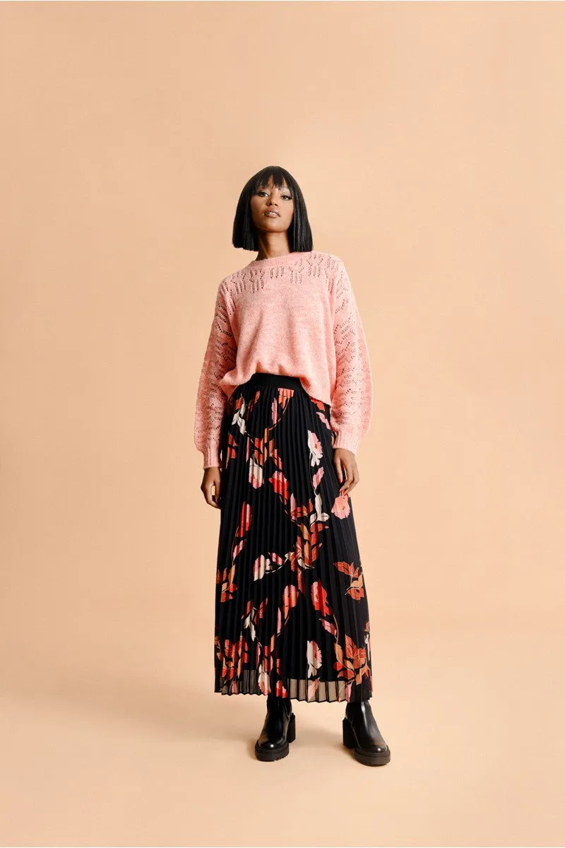 LONG PLEATED SKIRT - BLACK FLORAL
