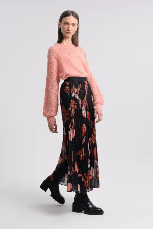 LONG PLEATED SKIRT - BLACK FLORAL