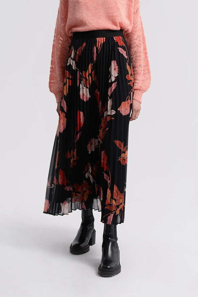 LONG PLEATED SKIRT - BLACK FLORAL