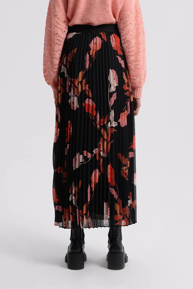 LONG PLEATED SKIRT - BLACK FLORAL