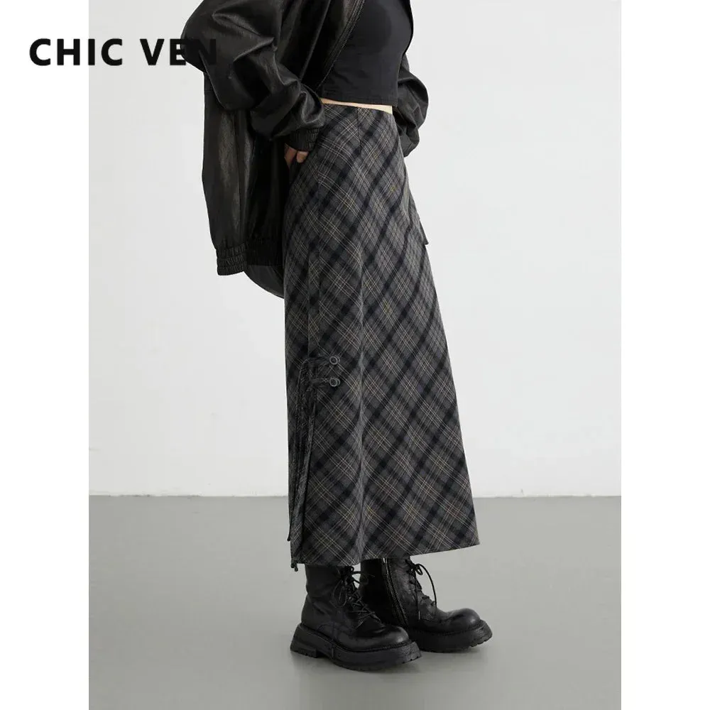 LVSANW CHIC VEN Women Long Skirt Casual New Sweet Cool Style High Waist Slit Plaid Half Skirt Straight Tube Skirts Spring Autumn 2025