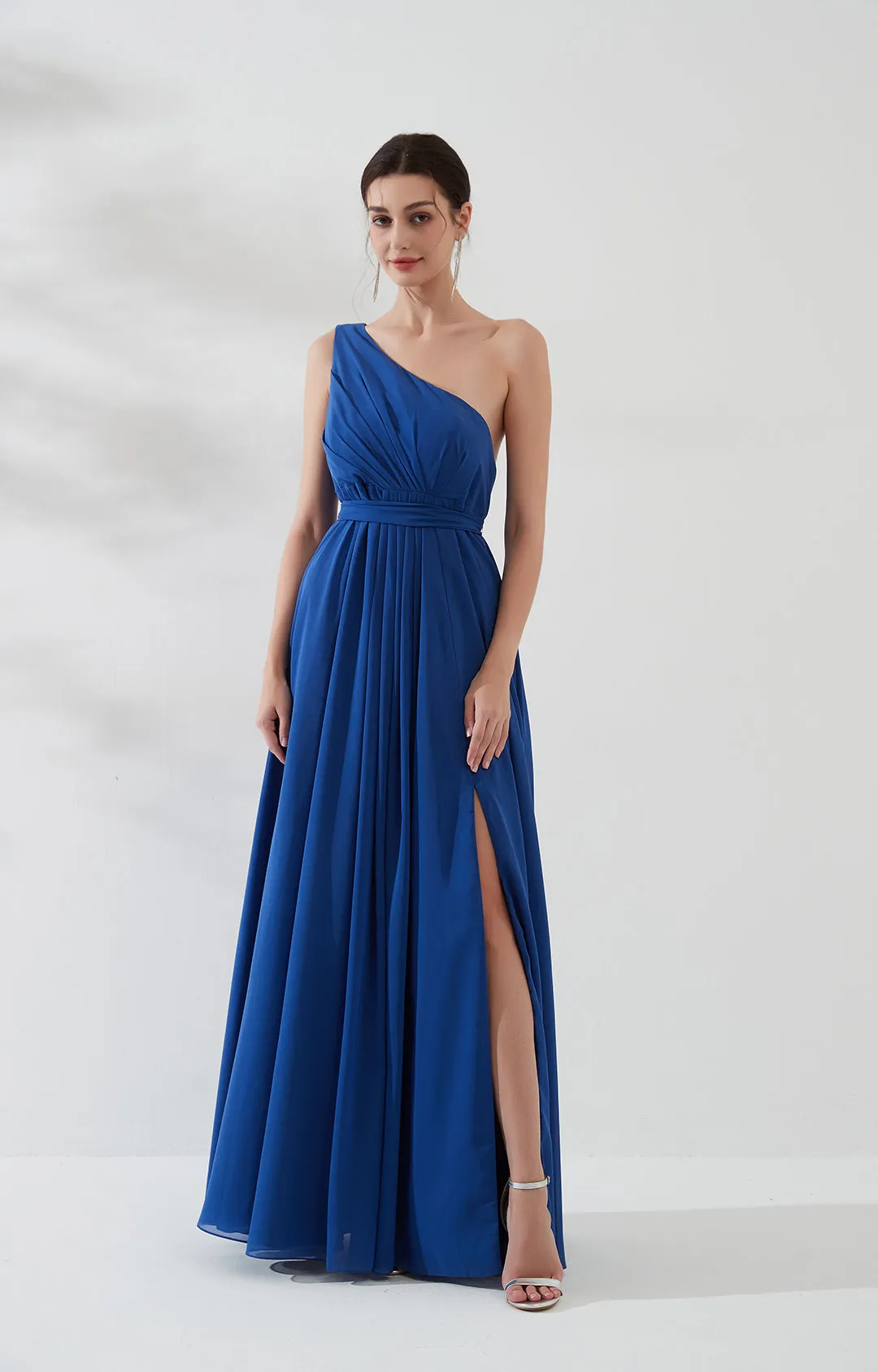 One Shoulder Pleated Side Split Zipper Dress with Tie Waist