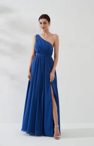 One Shoulder Pleated Side Split Zipper Dress with Tie Waist