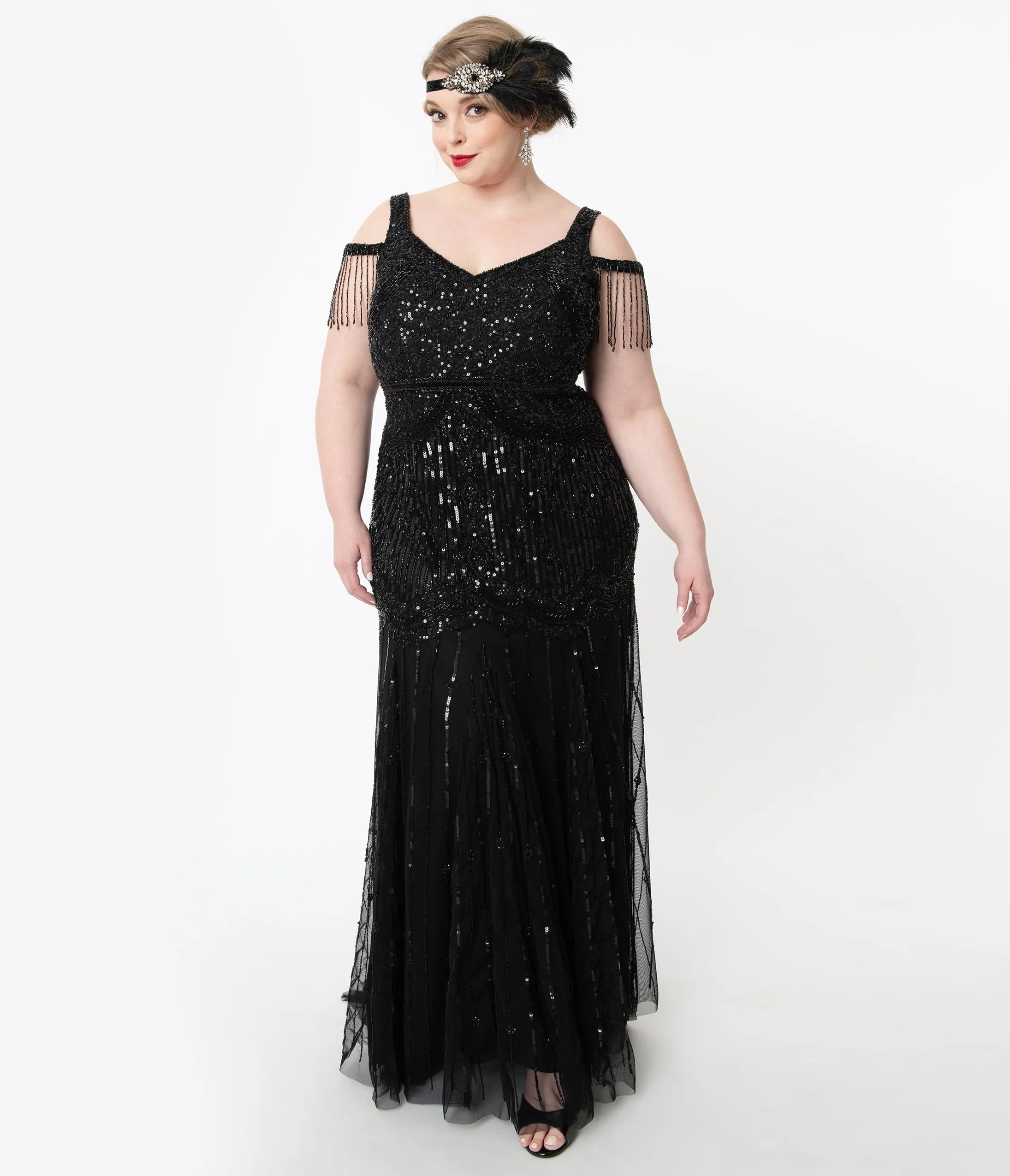 Plus Size Deco Style Black Beaded Mermaid Chloe Flapper Gown