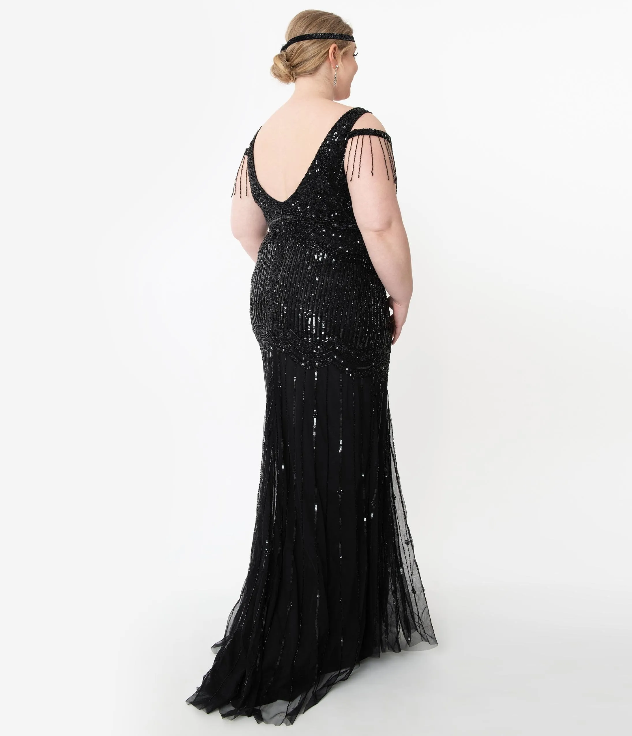 Plus Size Deco Style Black Beaded Mermaid Chloe Flapper Gown