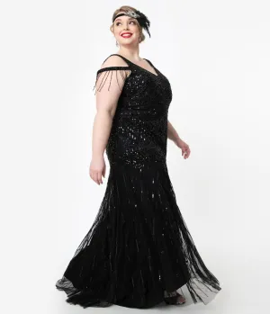 Plus Size Deco Style Black Beaded Mermaid Chloe Flapper Gown