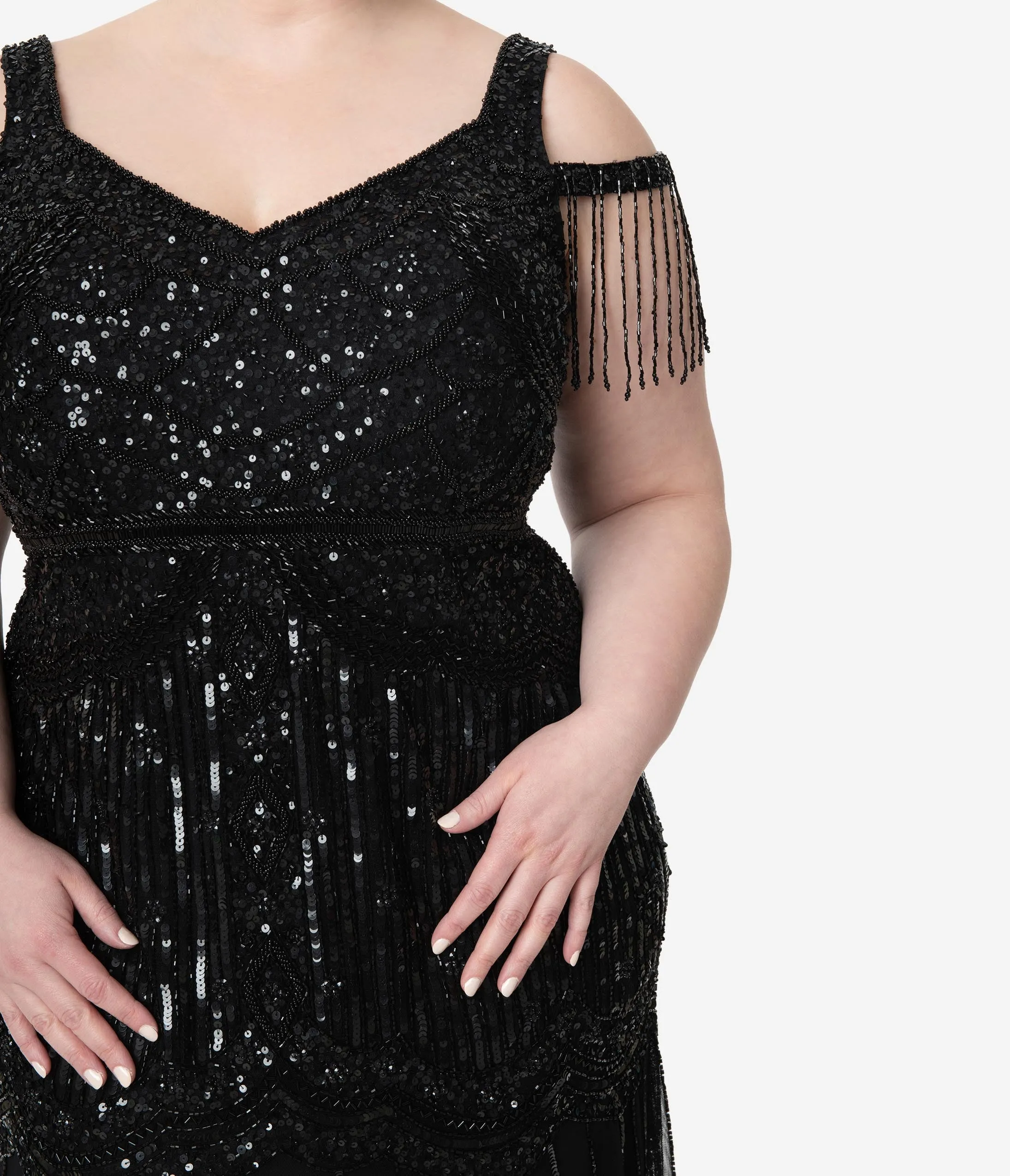 Plus Size Deco Style Black Beaded Mermaid Chloe Flapper Gown