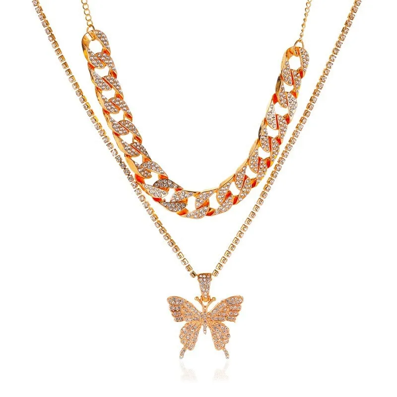 Punk Cuban Double Layer Big Butterfly Pendant Necklace