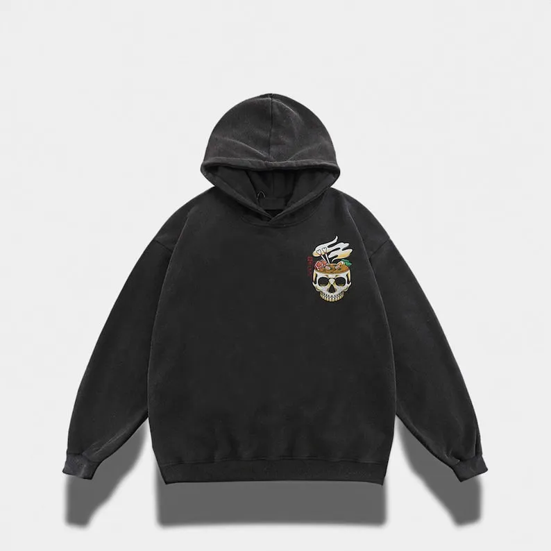 Ramen Noodles Skeleton Oversized Washed Cotton Hoodie