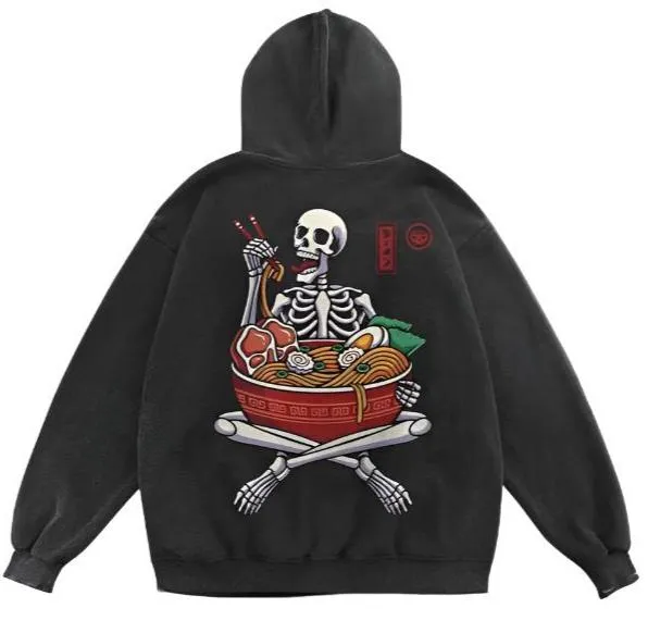 Ramen Noodles Skeleton Oversized Washed Cotton Hoodie