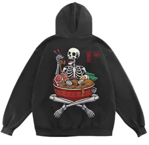 Ramen Noodles Skeleton Oversized Washed Cotton Hoodie
