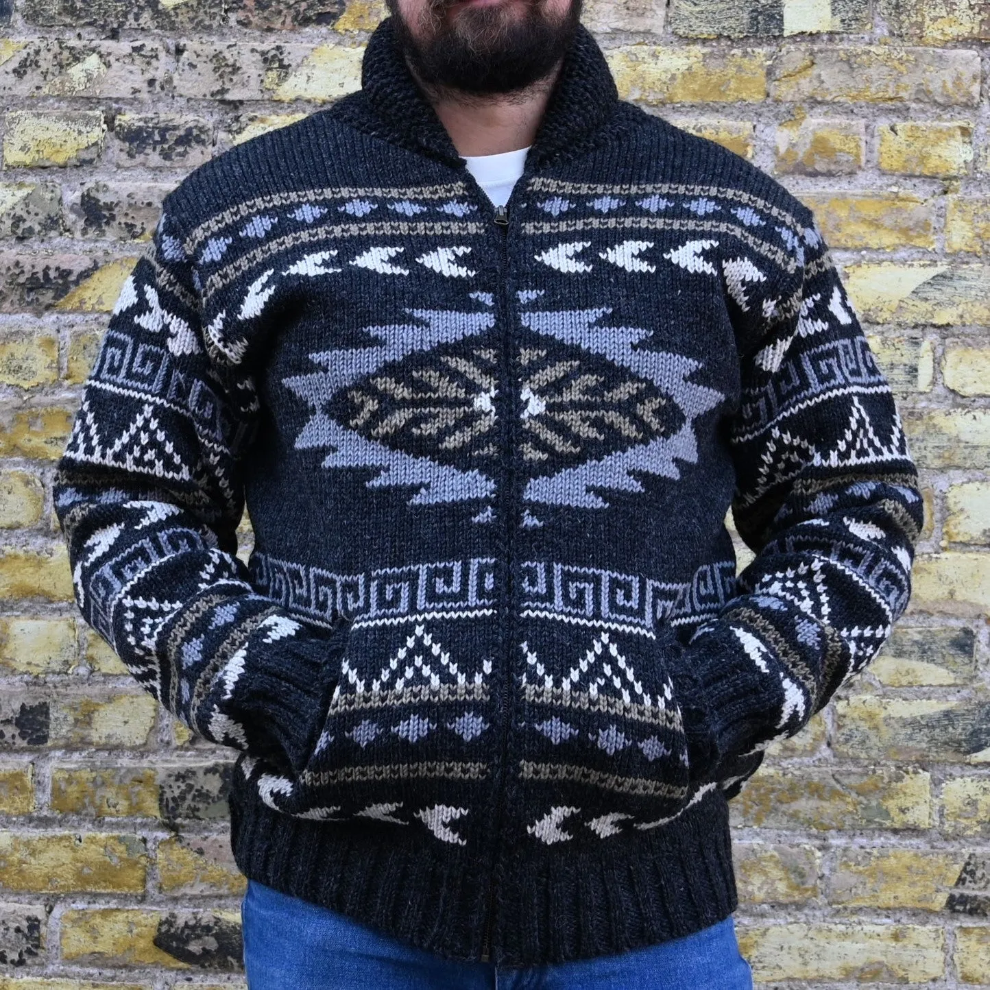 Scottsdale - Men's Wool Knit Zip up Cardigan Sweater in Black Natural