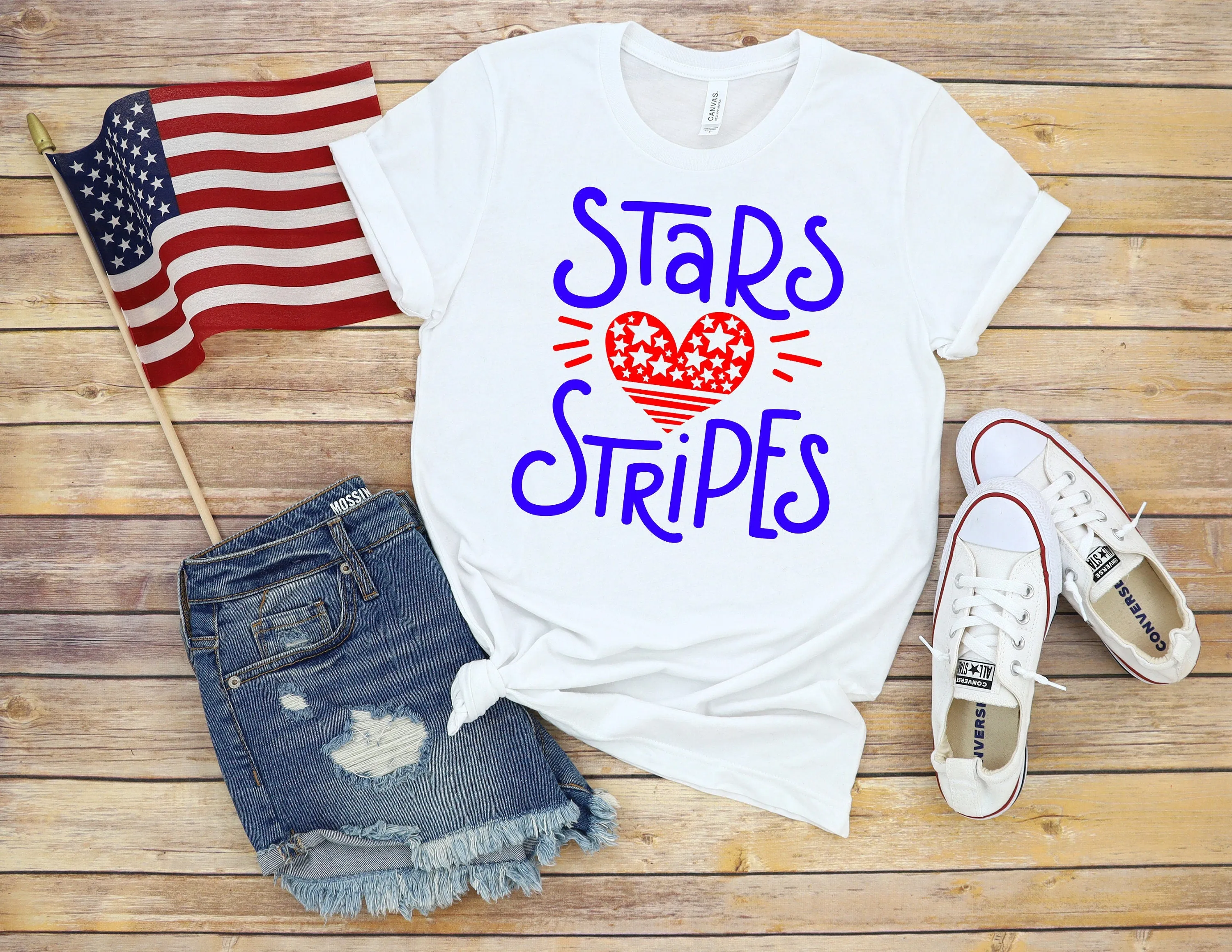Stars and Stripes Fourth of July Adult T Shirt - Independence Day - Memorial - Red White and Blue USA