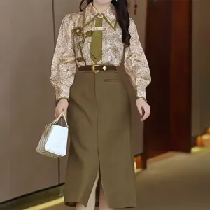 Vintage Flower Embroidery Shirt Slit Skirt Set