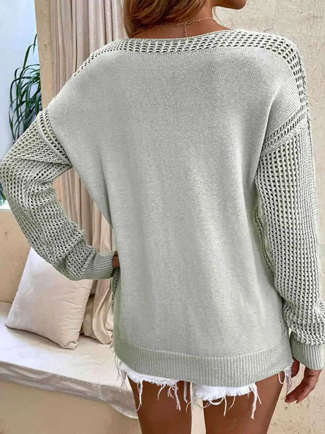 Warm Aesthetic Open Knit V Neck Pullover Sweater