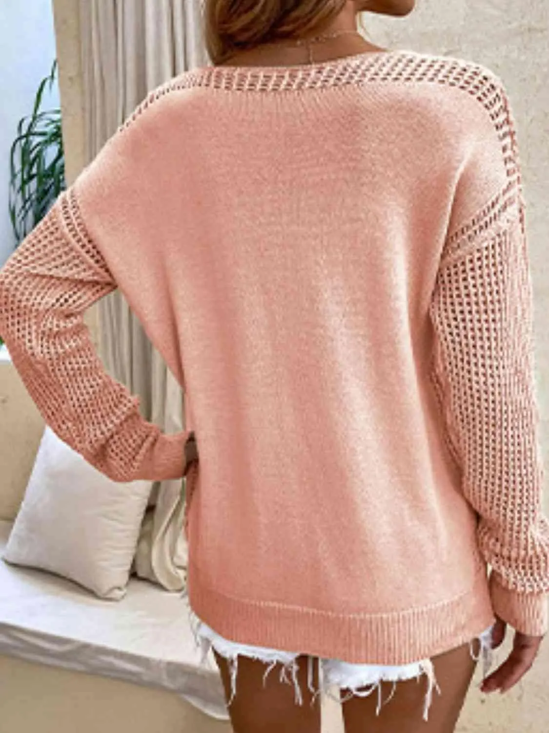 Warm Aesthetic Open Knit V Neck Pullover Sweater